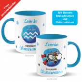 Tasse mit Sternzeichen »Wassermann«, mit Namen und Geburtsdatum, blau