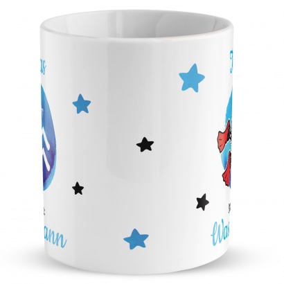 Tasse mit Sternzeichen »Wassermann«, mit Namen und Geburtsdatum, weiß